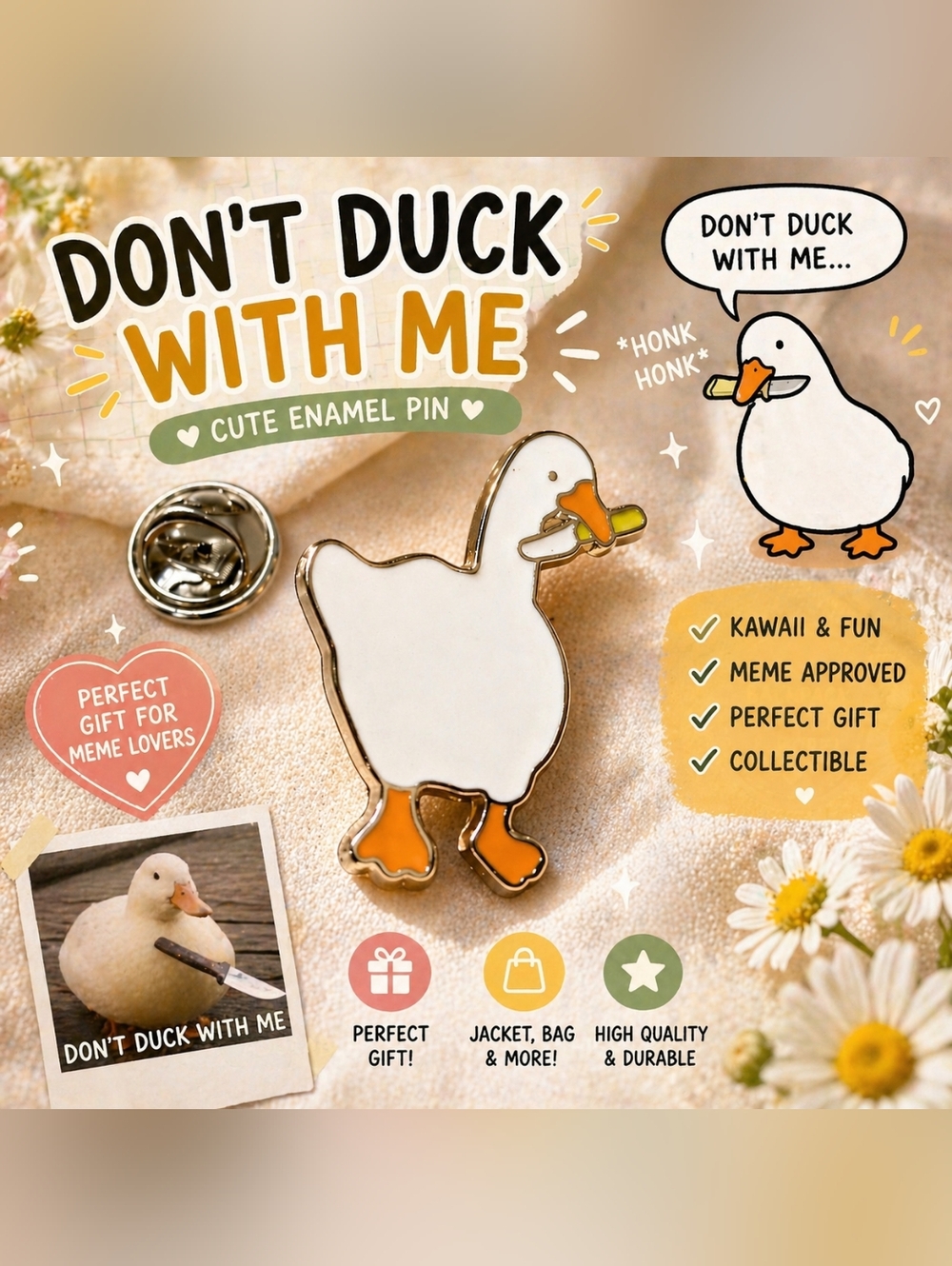 Cute Duck Enamel Pin White Silver Tone Kawaii Animal Lapel Pin Cottagecore‎ Gift